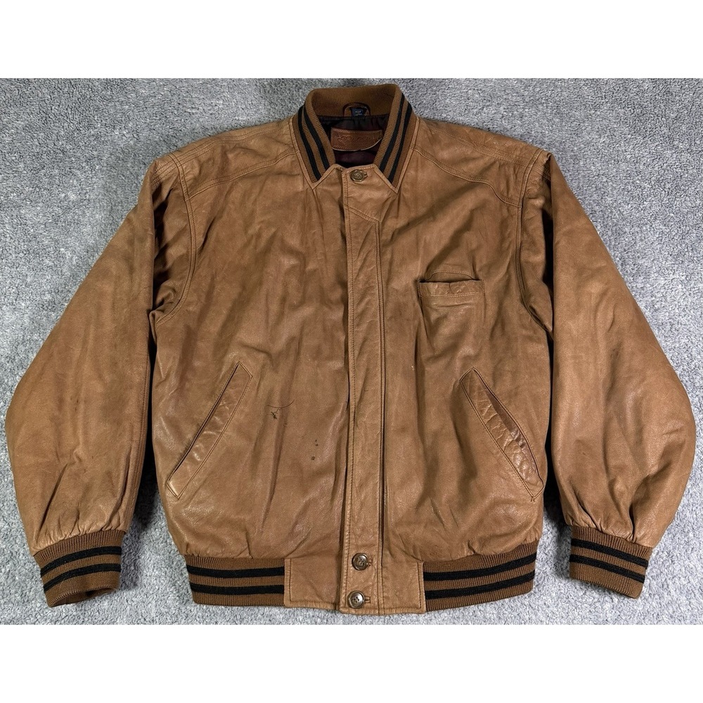 VTG Brooks Brothers Brown Nappa Leather Bomber Jacket Plaid Lined Men's Large